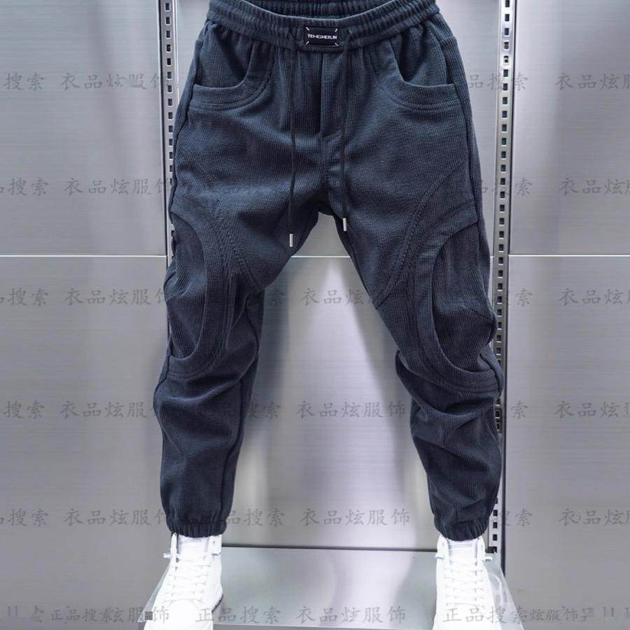 秋冬季男新款条绒拼接束脚加绒加厚休闲裤纯色松紧腰小脚哈伦裤男