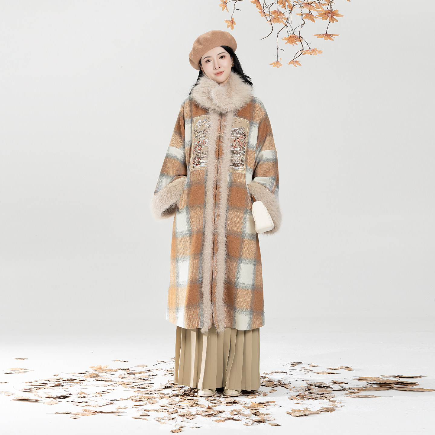 织造司[晚风欲雪]新中式圆领补大衣外套高领毛衣打底衫百褶裙套装,淘宝优惠券,粉丝福利购,淘宝优惠卷