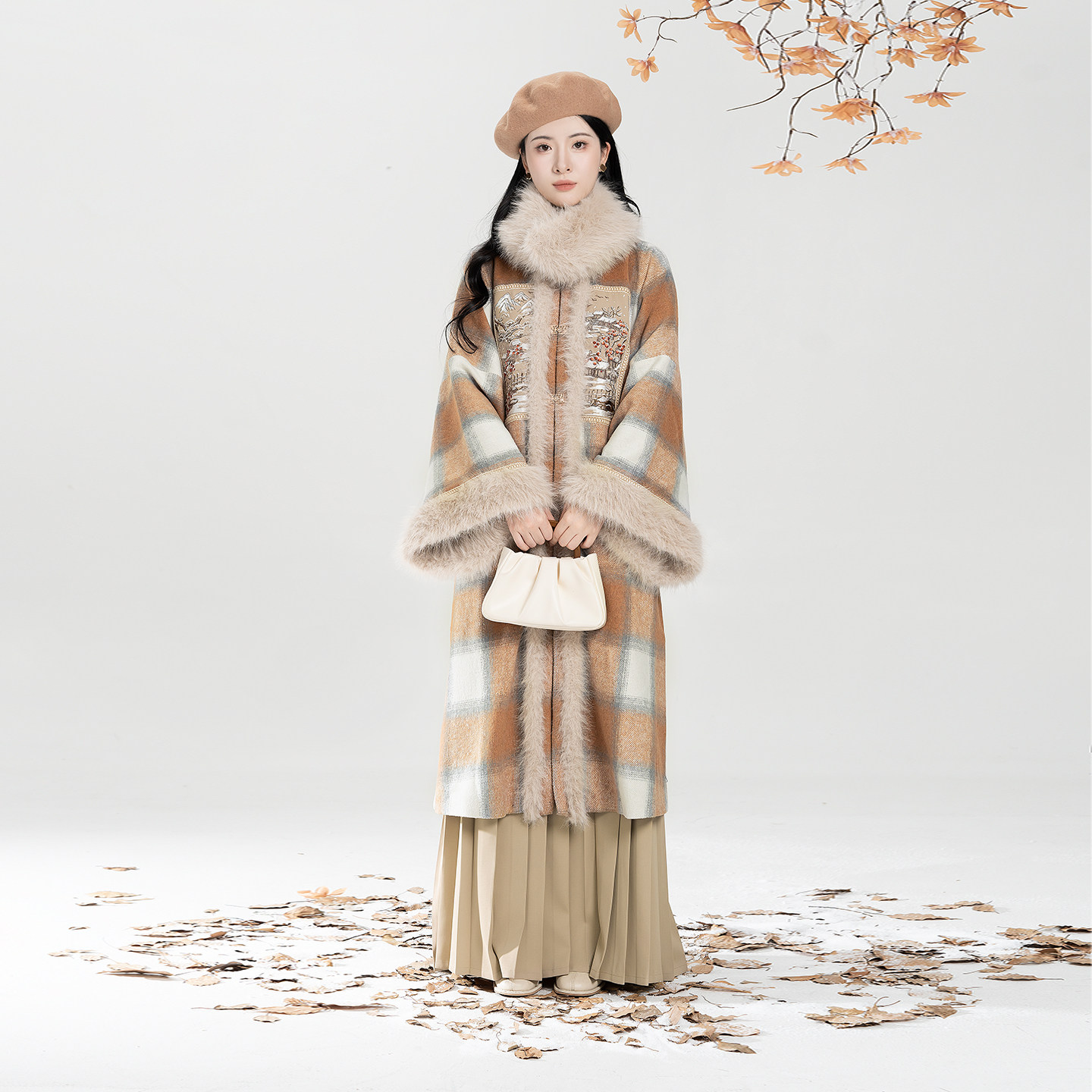 织造司[晚风欲雪]新中式圆领补大衣外套高领毛衣打底衫百褶裙套装,淘宝优惠券,粉丝福利购,淘宝优惠卷