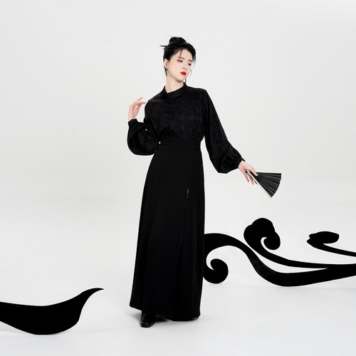 织造司[唐锦星辰]原创新中式织银团花铺褶改良三裥裙国风半身裙女 - 图2