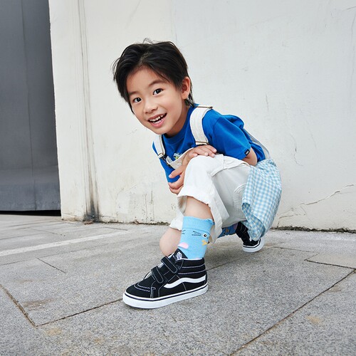 Vans范斯童鞋官方 SK8-Mid V黑色易穿魔术贴小童板鞋运动鞋 - 图2