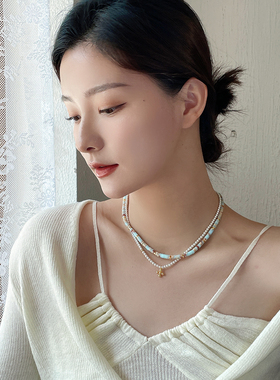 欧美博主彩色花纹石串珠项链珍珠