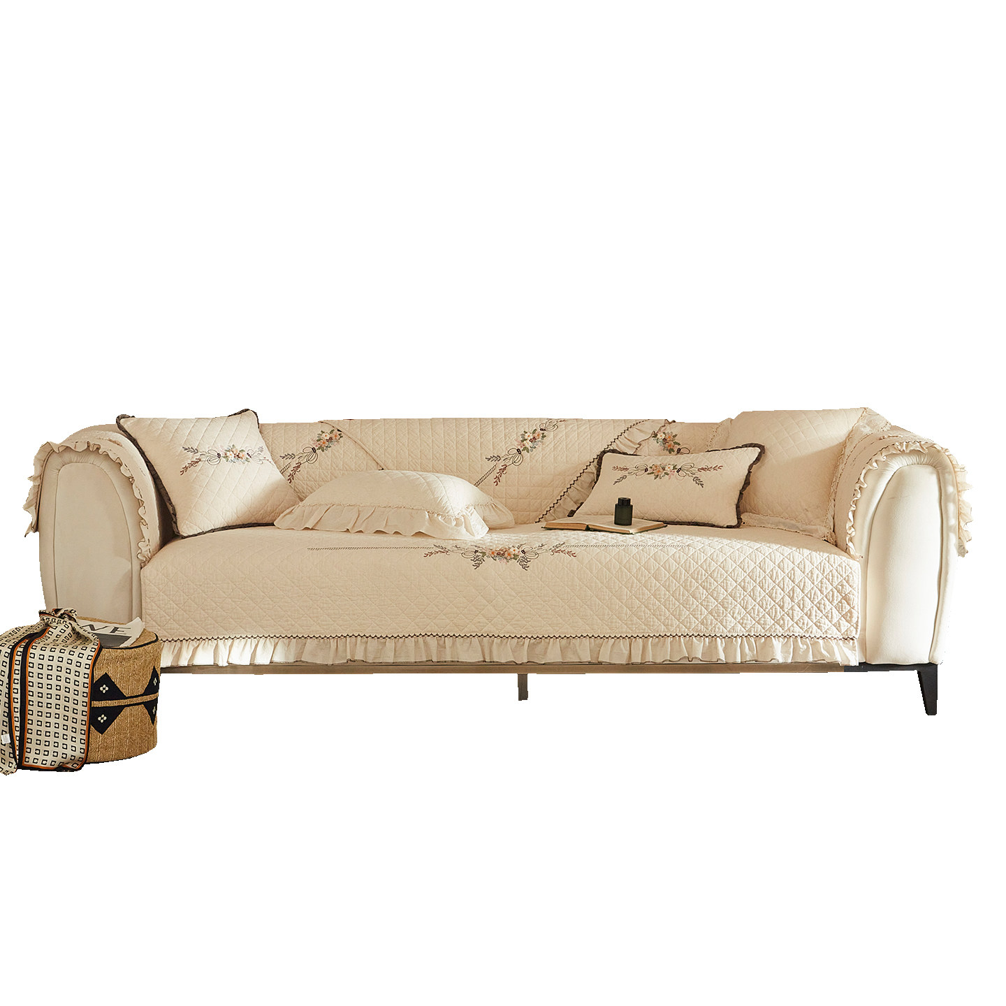 刺绣ins风沙发垫 法式复古棉麻亚麻质感沙发罩巾 四季通用可拆洗,淘宝优惠券,粉丝福利购,淘宝优惠卷