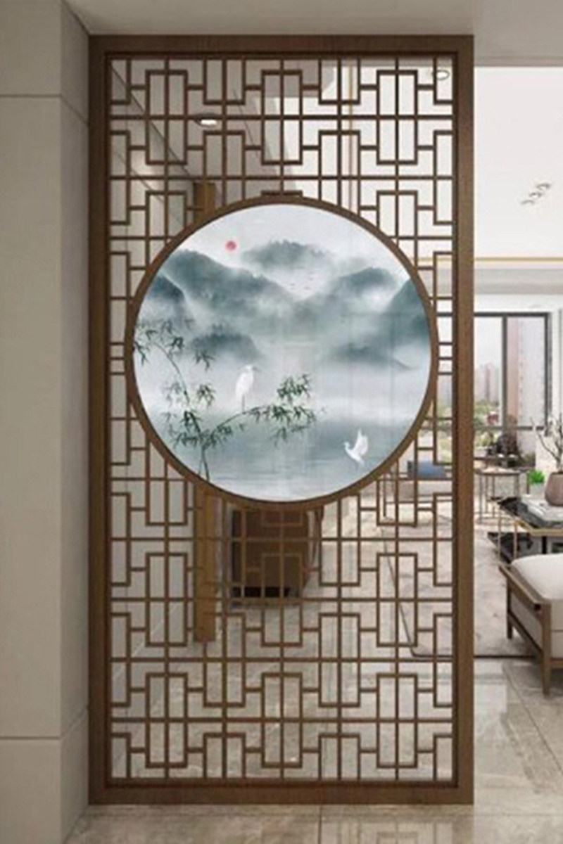 中式简约客厅隔断屏风玄关隔断实木入户镂空花格日式装饰纱画座屏