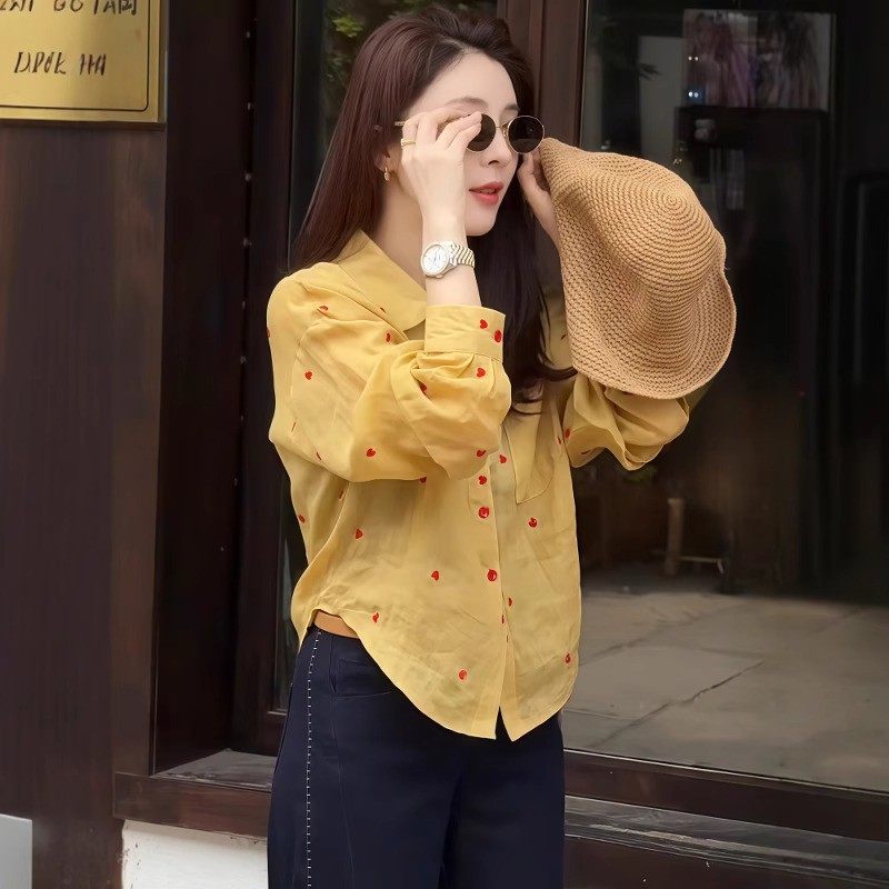 爱心印花长袖衬衫女夏季2025新款洋气减龄雪纺上衣大码宽松防晒衣,淘宝优惠券,粉丝福利购,淘宝优惠卷