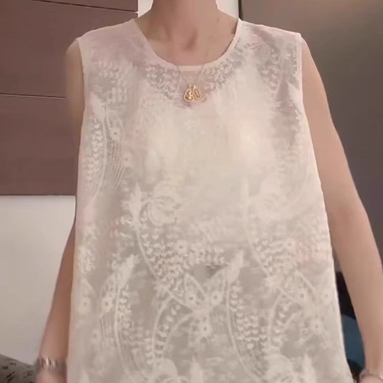 法式温柔圆领无袖绣花蕾丝衫女2025夏季新款时尚叠穿宽松休闲上衣,淘宝优惠券,粉丝福利购,淘宝优惠卷