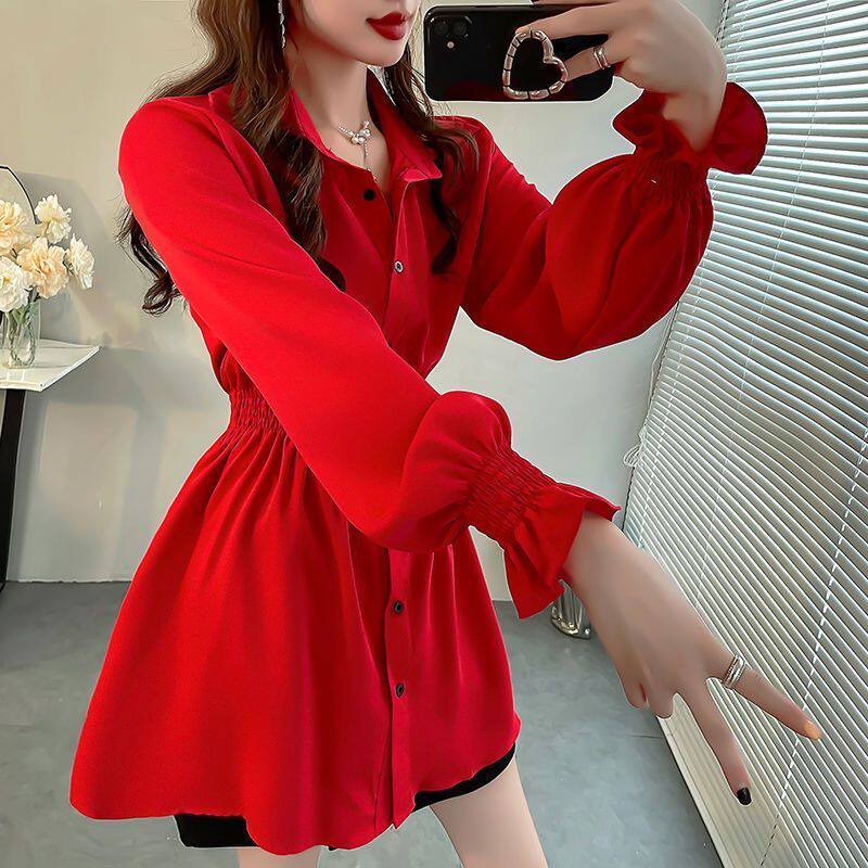 韩版秋上衣女2025新款喇叭袖衬衫显瘦收腰设计中长款纯色雪纺衬衣