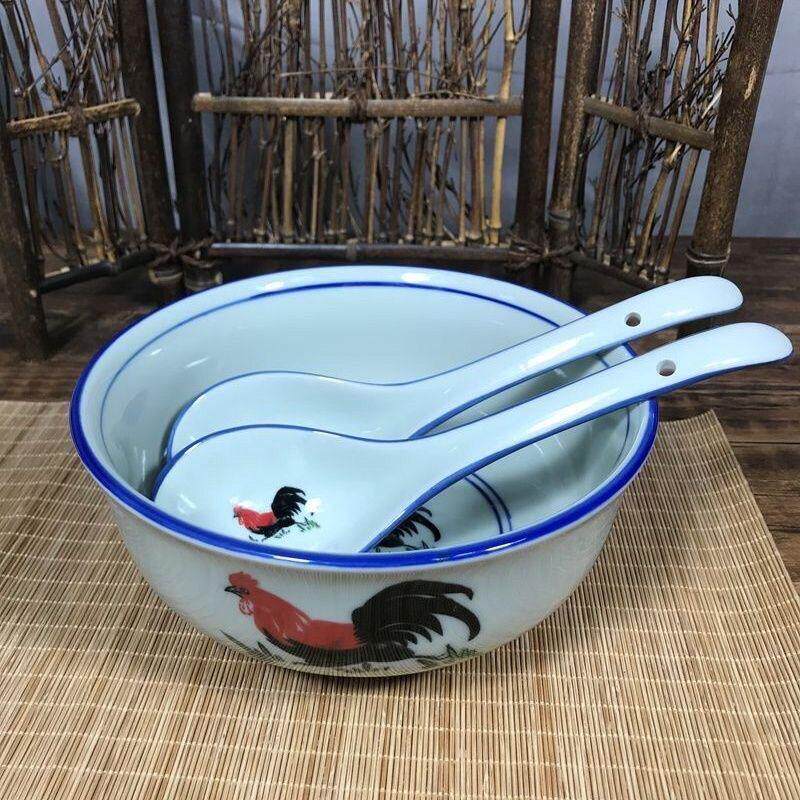 碗公鸡陶瓷青瓷釉8英寸汤碗怀旧老式加厚防烫蓝边饭碗鸡公碗拉面