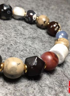吉星出品灰皮西亚糖球玛瑙 多宝手串 古西亚灰沁蓝沁玛瑙手链