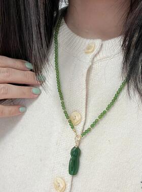 天然俄罗斯碧玉小米珠项链阳绿色万能链和田玉锁骨链百搭果绿原创