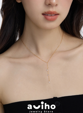 aviho s925纯银法式水滴裸钻流苏吊坠项链细闪14k金锁骨链