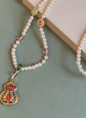 新中式复古圆牌串珠项链女马面裙汉服旗袍毛衣链古风民族风配饰品