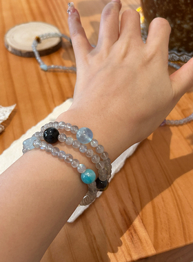 【宇宙星球】天然灰月光手串三圈强光拉长石海蓝宝送女友手链女