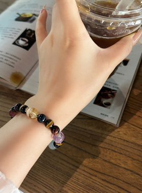 天然彩虎眼石海蓝宝草莓晶紫水晶手链轻奢高级大气原创设计手串