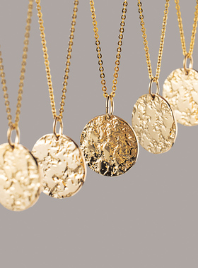 刻字定制 14K包金熔岩褶皱肌理圆牌项链女 欧美小众设计感锁骨链