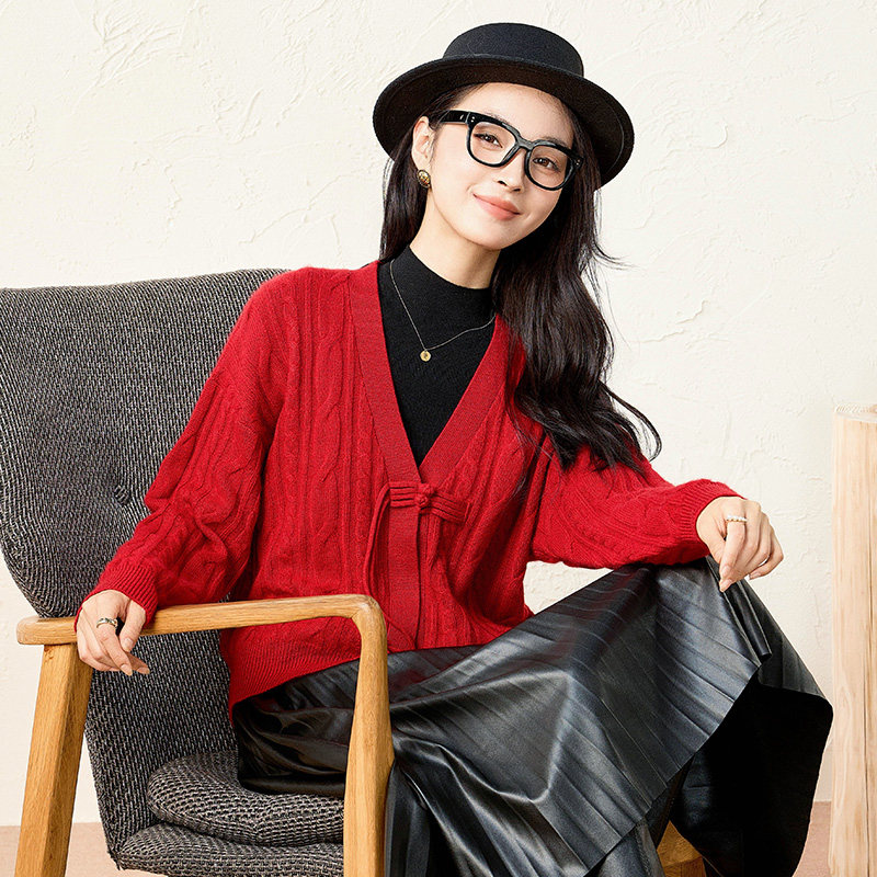 春竹100%纯羊绒开衫女冬新款V领新中式长袖针织毛衣外套女,淘宝优惠券,粉丝福利购,淘宝优惠卷