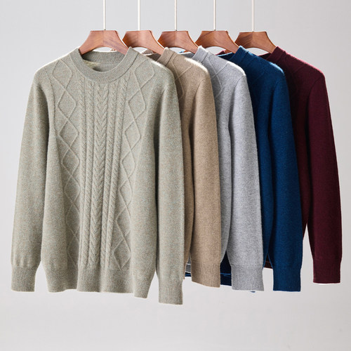春竹秋冬新款岛精两股山羊绒无缝半高领绞花长袖男士针织衫羊绒衫 - 图0