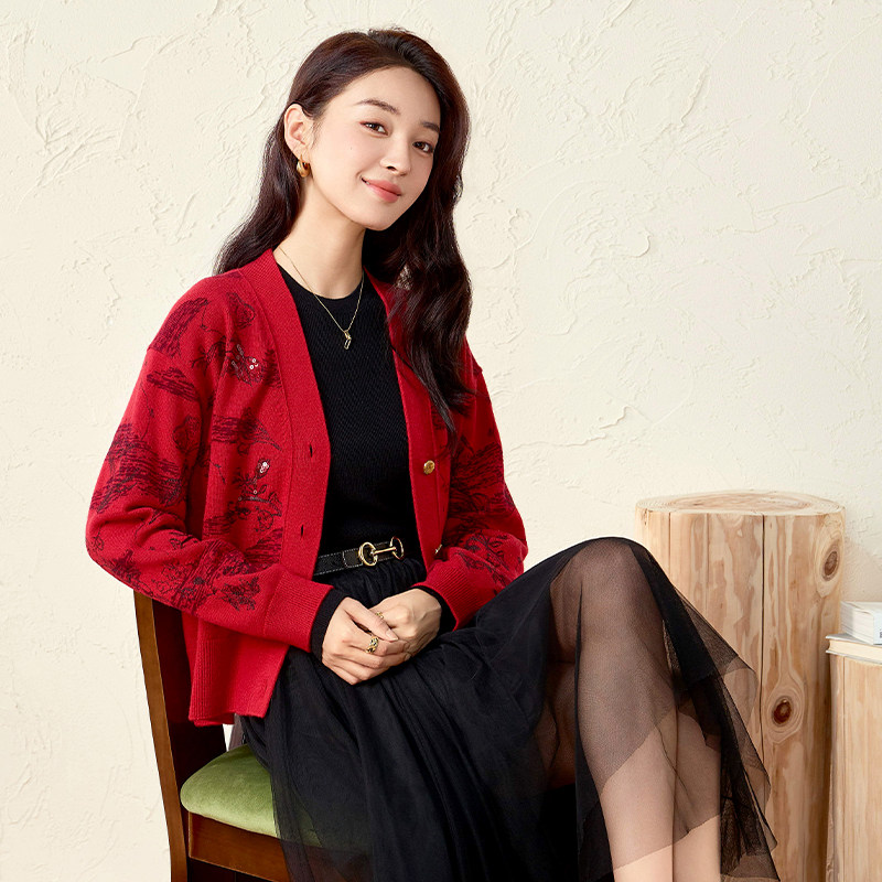 春竹V领女开衫季新款100%绵羊毛宽松显瘦长袖针织短外套女,淘宝优惠券,粉丝福利购,淘宝优惠卷