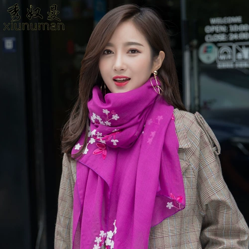 Весенний универсальный модный этнический шарф, японская школьная юбка для школьников, накидка, тренд сезона, этнический стиль, защита от солнца, с вышивкой, из хлопка и льна