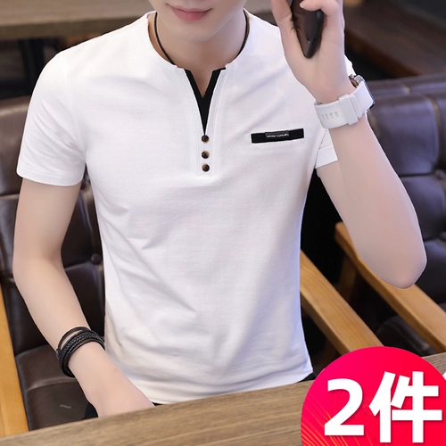 Трендовая хлопковая дышащая быстросохнущая футболка с коротким рукавом для отдыха, V-образный вырез