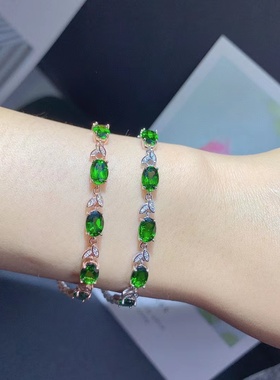 s925银镀金时尚简约手链空托镶嵌椭圆5*7mm透辉石手链礼物