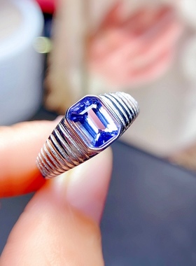 s925银饰戒指空托枕长方形5*7mm镶坦桑石莫桑钻欧美拉丝复古男女