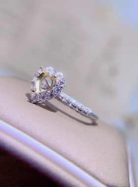 新款精工s925银戒指空托女心形6*6MM镶嵌彩宝尖晶石镀双色金