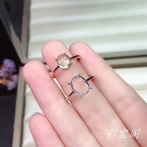 s925银戒指空托椭圆形4*6MM-17*25MM简单四爪代镶嵌蜜蜡玉石碧玉 - 图1