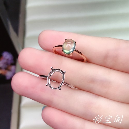 s925银戒指空托椭圆形4*6MM-17*25MM简单四爪代镶嵌蜜蜡玉石碧玉 - 图0