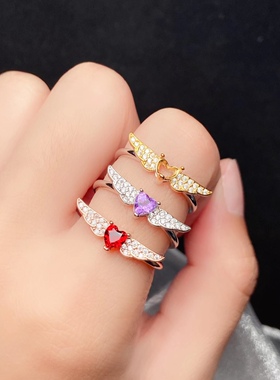 s925银饰戒指空托心形天使之翼戒托开口戒指托镶石榴石水晶心4*4