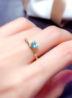 s925纯银竹节水滴形4*6mm戒指女轻奢设计感素圈网红开口镶磷灰石