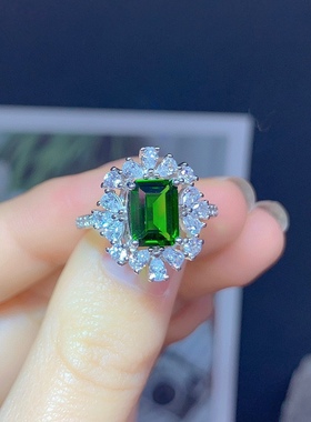 s925银饰戒指空托长方形6*8mm时尚豪华大气开口戒托镶透辉石戒指