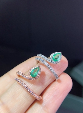 水滴时尚个性风镶嵌祖母绿银戒指