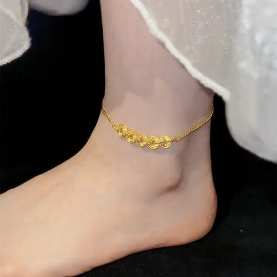 轻奢小众复古风金色五帝钱脚链女新中式碎碎冰金爆闪首饰精致饰品