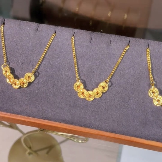 轻奢小众复古风金色五帝钱脚链女新中式碎碎冰金爆闪首饰精致饰品