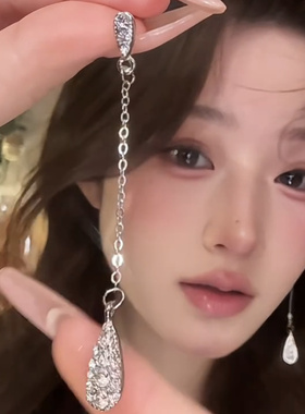精致长款镶钻流苏水滴耳钉耳环女轻奢高级感气质设计感配饰潮