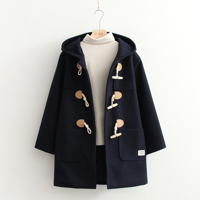 College style double -row horn buckle mid -length woolen outer set female 2023 spring and autumn new Japanese students thick coat