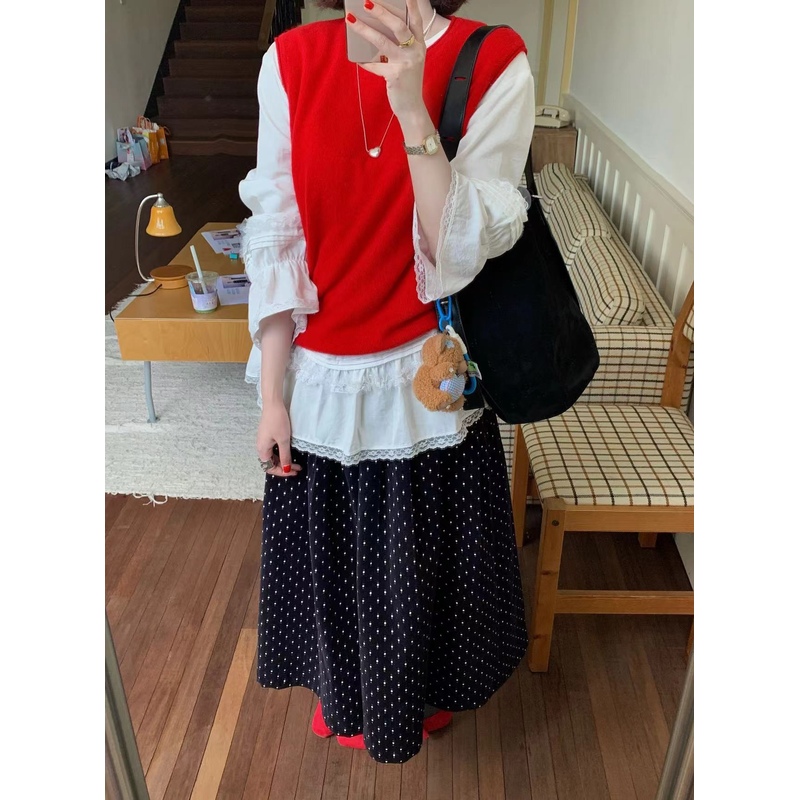 日了个韩|宽松复古慵懒风高腰显瘦压褶阔腿灯芯绒波点裙裤裤裙女 - 图0