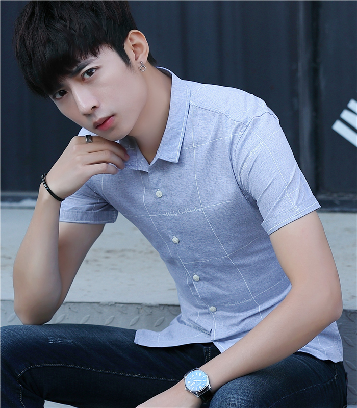 夏季男士短袖衬衫时尚潮格子半袖流行衬衣青年韩版修身免烫寸衫 - 图1