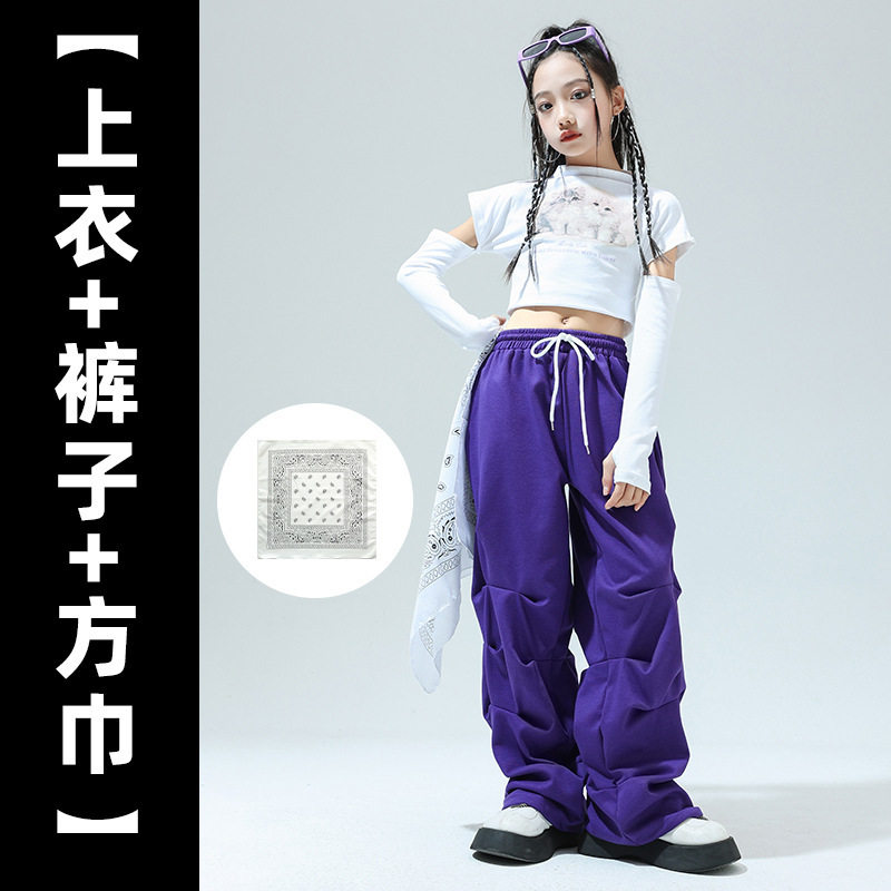 女生小孩中小学生街舞舞蹈服爵士舞jazz练功服hiphop露脐工装裤子
