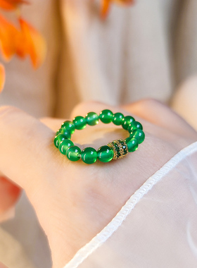 绿玛瑙串珠戒指女高级感弹力松紧可调节时尚个性食指简约素圈指环