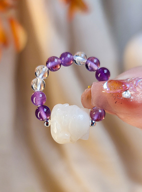 菩提九尾狐戒指女古风紫水晶串珠指环弹力绳复古中国风食指戒小众