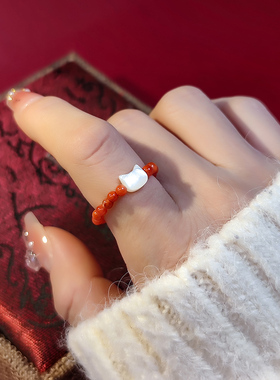 天然红玛瑙南红贝壳小猫戒指闺蜜极细指环气质国风首饰红色本命年