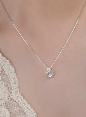 S925纯银小天鹅镶钻项链白金色