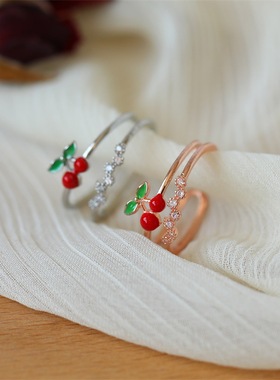 日韩时尚潮人红色樱桃开口锆石戒指女 ins韩版简约食指指环女学生