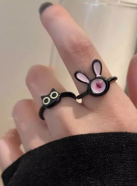 搞怪黑色小猫咪开口戒指女款小众设计情侣闺蜜食指戒气质装饰指环
