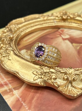 时尚彩宝复古黄铜锆石镀活口戒指vintage复古优雅女手饰