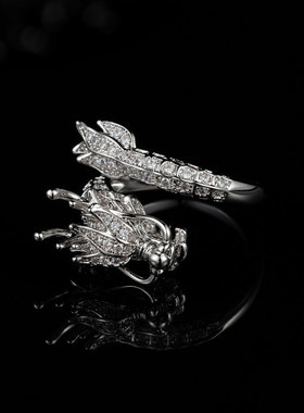 新中式生肖龙开口戒指女小众微镶满锆食指戒夸张个性指环