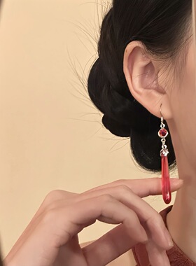 民族风清冷水滴流苏耳环新中式复古中国风旗袍汉服耳钉冷淡风饰品