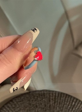 太温柔~红色爱心撞色戒指女ins小众设计滴釉指环新款